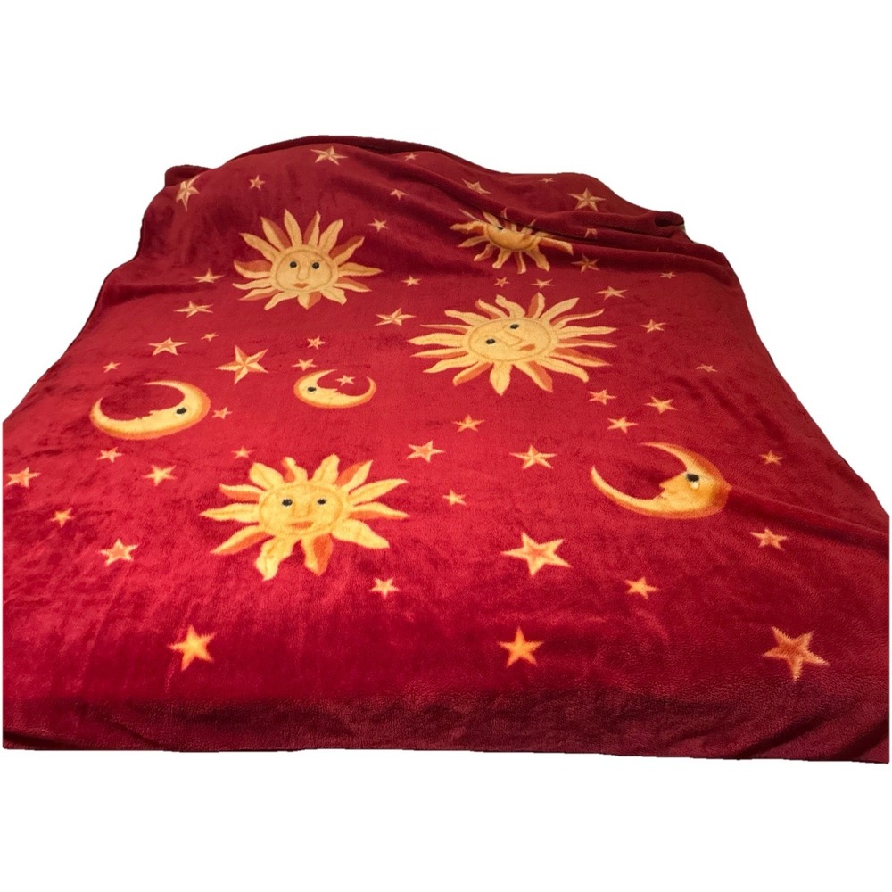Vintage Blanket Celestial Sun Moon Stars Red Mink Fleece 95x78" King/California